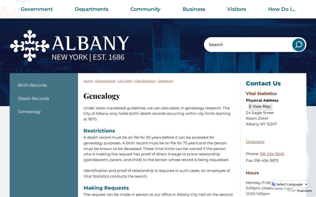 Albany resident lookup City genealogy rules and request information