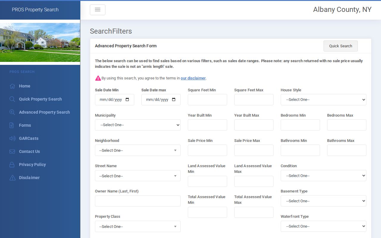 Albany street directory view of Albany County PROS advanced property filters